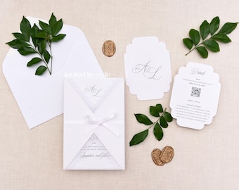 Lace edge wedding invitation wrap with satin ribbon and slide out card. Sample.