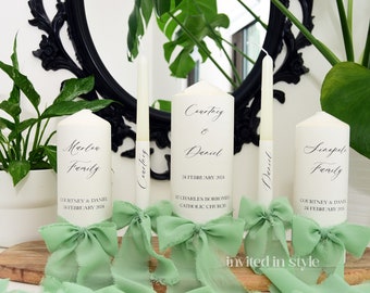 Unity/Church/Wedding Candles with hand torn silk chiffon ribbon. Set of 1/3/5 with optional taper candles