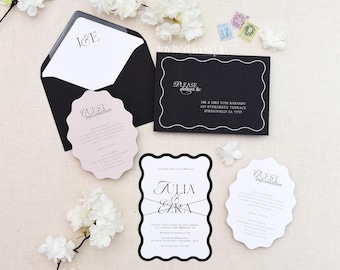 Invitación de boda monocromática con corte ondulado y tarjeta troquelada con forma personalizada. Ejemplo.