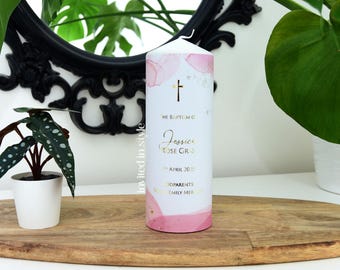 Vela para bautizo/presentación/fecha de nacimiento. Personalizada, para niño o niña. Diseño en acuarela rosa y dorado, con opción de detalles en dorado.