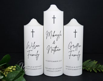 Unity/Church/Wedding Candles - set of 3 - Simple text with cross. Black and white, or request a colour.