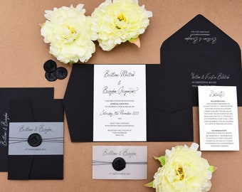 Pocket wedding invitation with wax seal. Monochrome/Black and white pocketfold with your choice of wax seal design and colour - SAMPLE