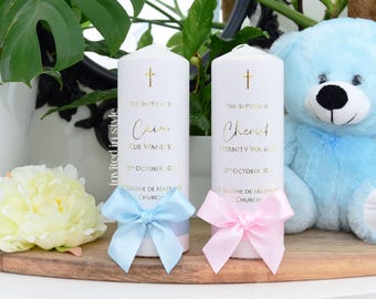 Vela para bautizo/conmemoración/presentación. Personalizada. Cinta y lazo de raso; opción de detalles en papel metalizado.
