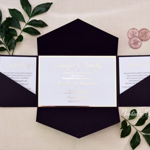 All-in-one Pocket Envelope Wedding Invitation with shiny foil - gold/rose gold/silver. Choice of pocket colour. SAMPLE