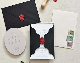 Invitación de boda con corte ondulado, sello de lacre, tarjeta ovalada, diseño moderno. Negro/blanco/carne. Otros colores disponibles - MUESTRA