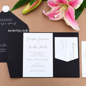 Pocket wedding invitation - Black and white, monochrome, modern design with optional white ink envelope printing - SAMPLE