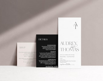 Paquete de invitaciones de boda en tonos neutros, blanco y negro. Monograma personalizado. Disponible en muchos colores: boda, compromiso. Muestra.