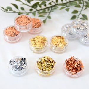 Bladgoudvlokken, roségoud en zilver - voor lakzegels, harskunst, nagelkunst, huwelijksuitnodigingen, knutselen