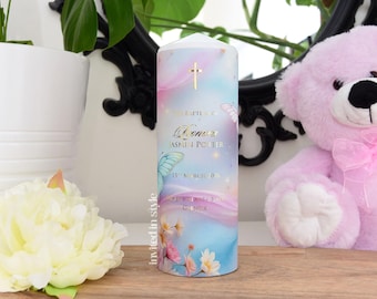 Vela de bautizo personalizada, acuarela rosa/azul, lámina dorada. Regalo para bautizo o día del nombre.