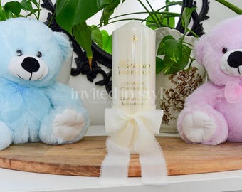 Personalised Baptism/Christening Candle with foil writing & hand torn chiffon ribbon.