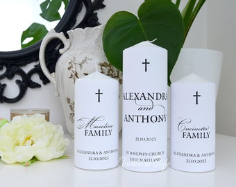 Unity/Church/Wedding Candles - set of 3 pillar candles. Family candle plus a candle for the couple. Simple printed text with cross.