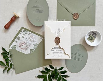 Invitación de boda con corte ondulado, sello de lacre, tarjeta ovalada, conjunto moderno. Ejemplo.