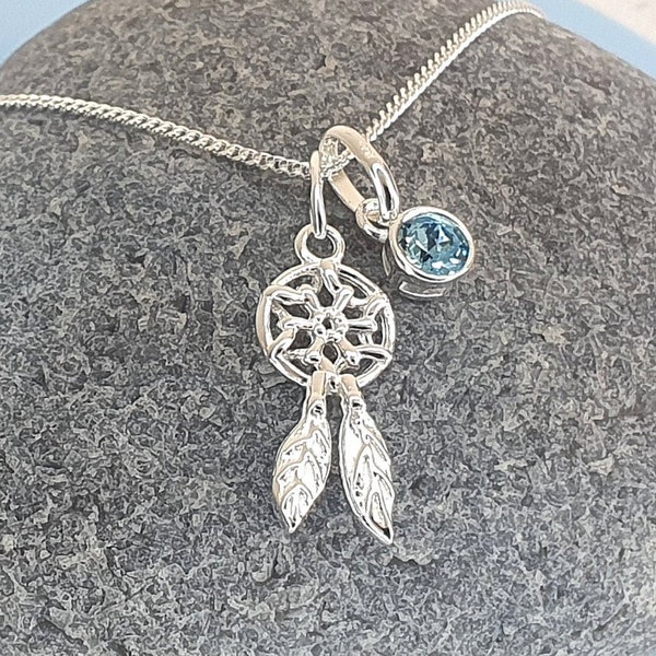 Traumfänger Halskette mit Optional Kristall Geburtsstein 925 Sterling Silber, Schmuck Geschenk für Frauen und Mädchen