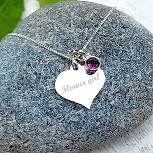 Bridesmaid, Flower Girl, Maid of Honour Personalised Engraved Necklace with Optional Birthstone 925 Sterling Silver