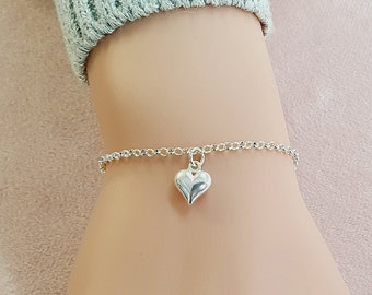 Puffy Heart Bracelet 925 Sterling Silver, Jewellery Gift for Girl's, Gifts for Women, Gifts for Her, Silver Heart Bracelet, Valentines Gift