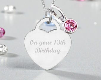13. Geburtstag Sterling Silber Halskette mit Geburtsstein | Graviertes Herz | Personalisiertes Geschenk für Teen Girl