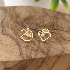 Gold CZ Heart Stud Earrings 925 Sterling Silver, Dainty Crystal Heart Earrings, Minimalist Everyday Jewellery, Gift for Her, Birthday Gift