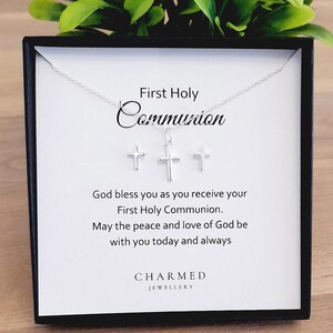 First Holy Communion Cross Stud Earrings & Necklace Gift Set 925 Sterling Silver, Personalised Jewellery Gift Set for Girl&#39;s, Communion Gift