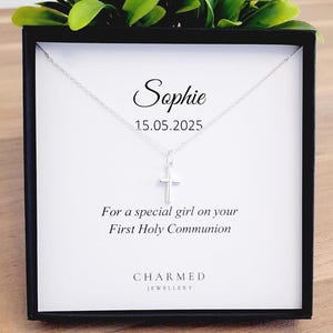 First Holy Communion Gift, Cross Necklace 925 Sterling Silver, Personalised Jewellery Communion Gift for Girls, 1st Holy Communion Gift