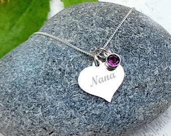 Nana Personalised Engraved Birthstone Necklace 925 Sterling Silver Gift for Women
