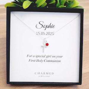 First Holy Communion Gift, Cross Birthstone Necklace 925 Sterling Silver, Personalised Communion Gift for Girl&#39;s, 1st Holy Communion Gift