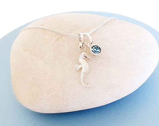 Seahorse Necklace with Optional Birthstone 925 Sterling Silver Gift for Girls, Women