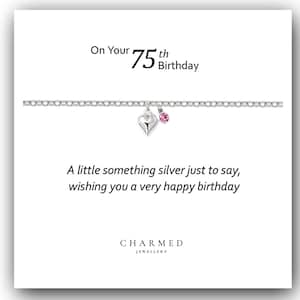 75th Birthday Gift: Sterling Silver Heart Bracelet with Birthstone