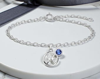 Zodiac Sterling Silver Bracelet with Birthstone | Star Sign Bracelet | Adjustable Chain | Gift for Her