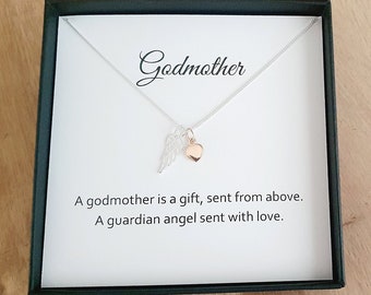 Godmother Necklace Gift Angel Wing with Rose Gold Heart Necklace 925 Sterling Silver, Personalised Jewellery Gift for Godmother