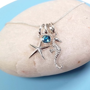 Starfish Seahorse Necklace with Choice of Birthstone Crystal 925 Sterling Silver, Gift for Girls, Gift for Women