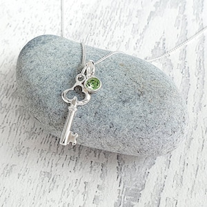 Sterling Silver Key Necklace: Crystal Birthstone 21st Birthday Gift