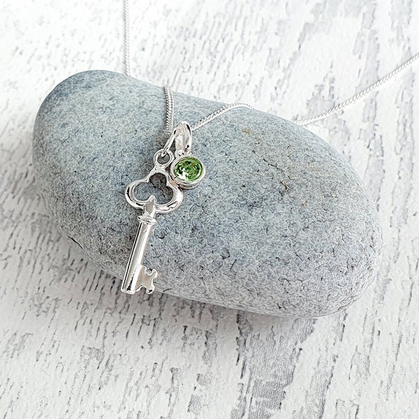 Collier clé avec pierre de naissance en option 925 sterling silver, cadeau de 21e anniversaire pour femmes