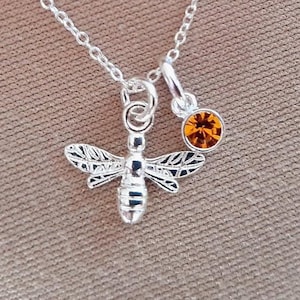 Bee Necklace with Swarovski Crystal Birthstone 925 Sterling Silver, Jewellery Gift for Girls and Women, Bee Jewellery, Bee Gift