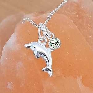 Sterling Silver Dolphin Necklace: Crystal Birthstone Charm