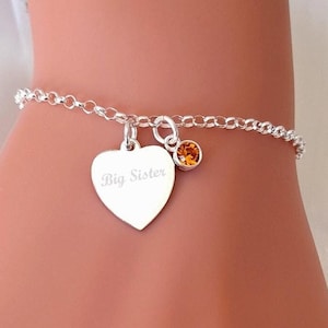 Big Sister Bracelet, Personalised Engraved Birthstone Link Bracelet, Gift for Women, Gift for Girl&#39;s, Big Sister Gift, Gift for Sister