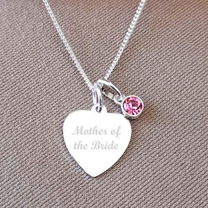 Engraved Sterling Silver Heart Necklace: Mother of the Bride Gift with Birthstone