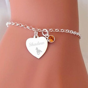 Personalised Sterling Silver Horse Bracelet: Engraved Heart & Birthstone
