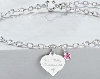 Pulsera personalizada de Primera Comunión en plata de ley con piedra de nacimiento y corazón grabado. Regalo para niñas.