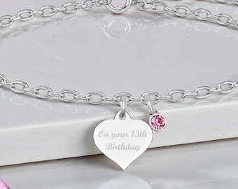 13th Birthday Sterling Silver Bracelet with Birthstone | Engraved Heart Charm | Gift for Official Teenager