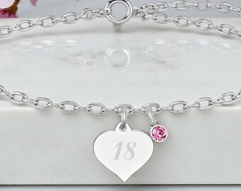 Personalised Birthday Sterling Silver Bracelet with Birthstone |  Engraved Heart | 18th 21st 30th 40th Gift