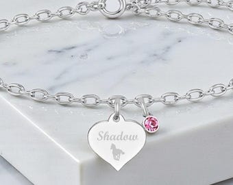 Personalisierte Pferde Sterling Silber Armband mit Geburtsstein | Graviertes Herz | Kundenspezifisches Pferdename Geschenk
