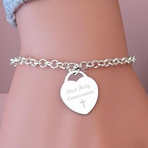 Personalized First Holy Communion Bracelet: Engraved Heart Charm, Silver Plated