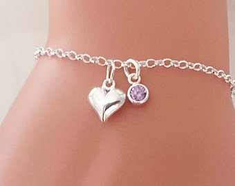 Birthstone Puffy Heart Bracelet 925 Sterling Silver, Jewellery Gift for Girl's, Women