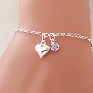 Birthstone Puffy Heart Bracelet 925 Sterling Silver, Jewellery Gift for Girl's, Women