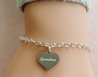 Grandma Personalised Engraved Heart Charm Link Bracelet Gift for Women