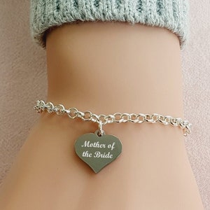 Mother of the Bride, Groom Personalised Engraved Heart Charm Link Bracelet Wedding Gift for Women