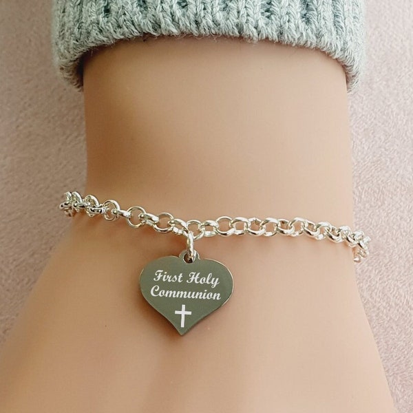 First Holy Communion Personalised Engraved Heart Charm Link Bracelet for Girls