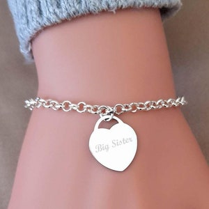 Big Sister Bracelet, Heart Charm Bracelet, Birthday Gift, Gift For Girls, Gift For Women, Big Sister Gift, Personalised Link Bracelet