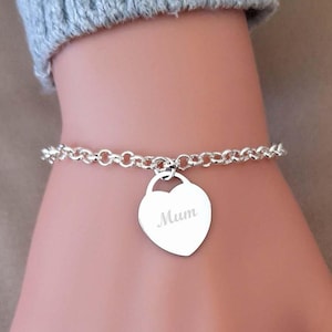 Personalized Mum Bracelet: Stainless Steel Heart Charm, Engraved Gift