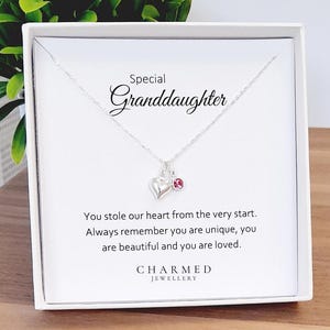 Collar con piedra natal de corazón hinchado, regalo para nieta, plata de ley 925, regalo personalizado para mujeres y niñas, regalo para nieta